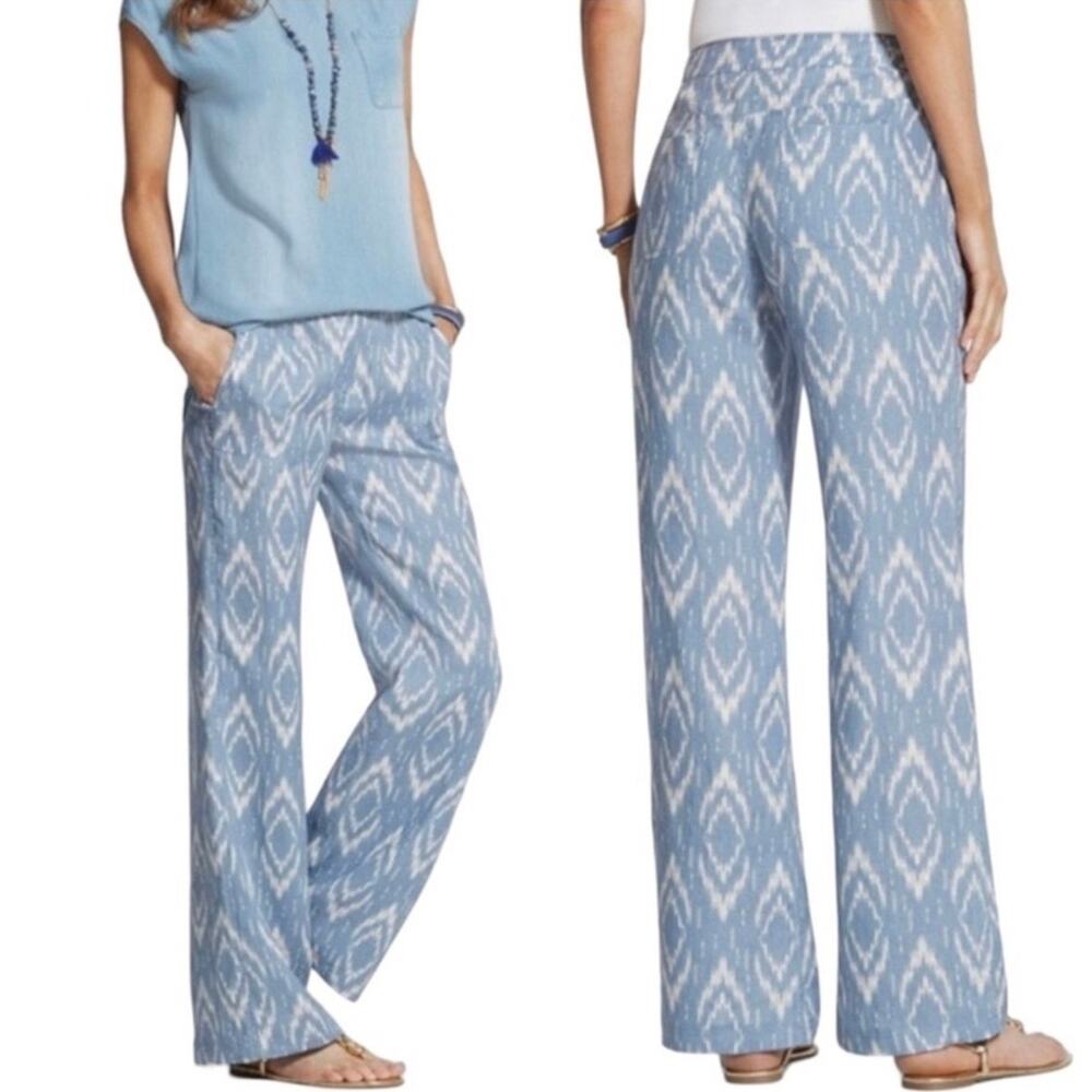 Chico's Sz 2 Large 12 Blue 100% Linen Ikat Pants Coastal Beachy Lightweight Cool